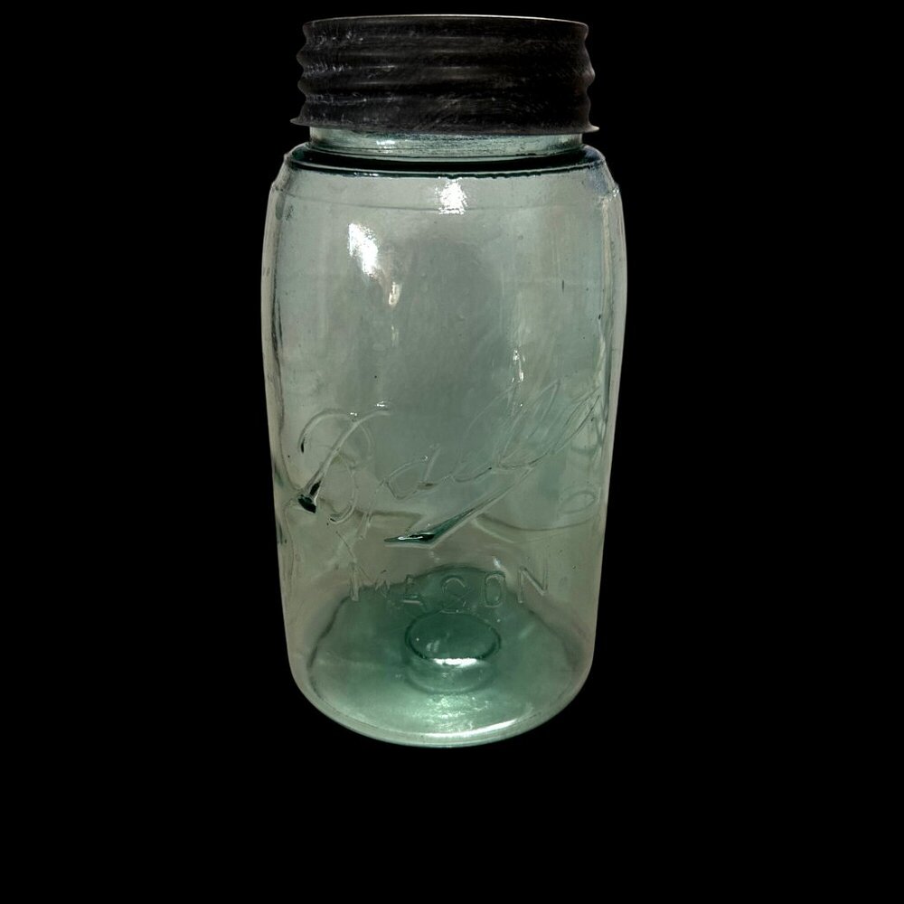 ViTG 1900-10 Ball Mason Blue Glass Quart  Jar zinc lid FLAW Bubbles bottom rocks